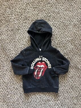 the Rolling Stones Black Kids Hooded Sweatshirt with Red Plaid Tongue Graphic